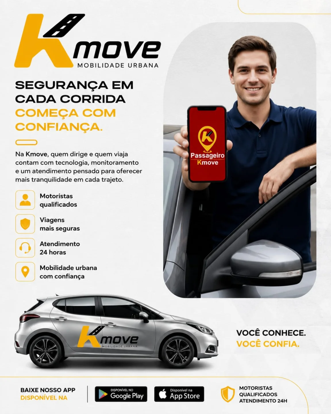 Carro prata Kmove e motorista segurando smartphone mostrando aplicativo de corridas com segurança